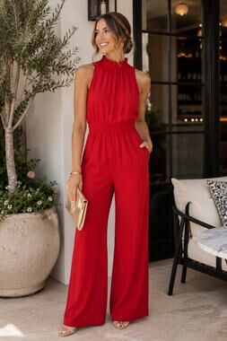 ee:some Red Sleeveless Wide Leg Jumpsuit BS1885 High Neck Cocktail, S